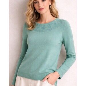 Women Sweater Beaded Neck Mint Green Lightweight Knit Size M
